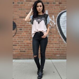 METAPHOR Blouse Black Lace Color Block of Blush Black Grey Sheer Black Size XL